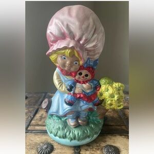 Vintage Ceramic Girl Figurine Holding Raggedy Ann Doll  | 1974 Artist Engraved